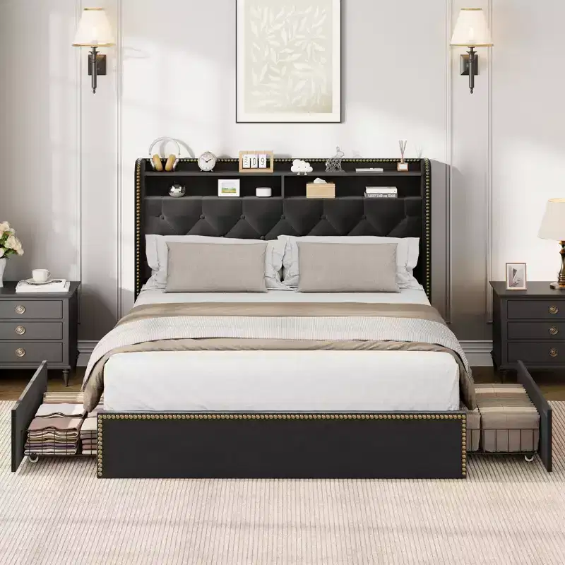 Upholstered Storage Bed Frame with 5 Drawers & Shelves Headboard, Black Velvet, No Box Spring Needed