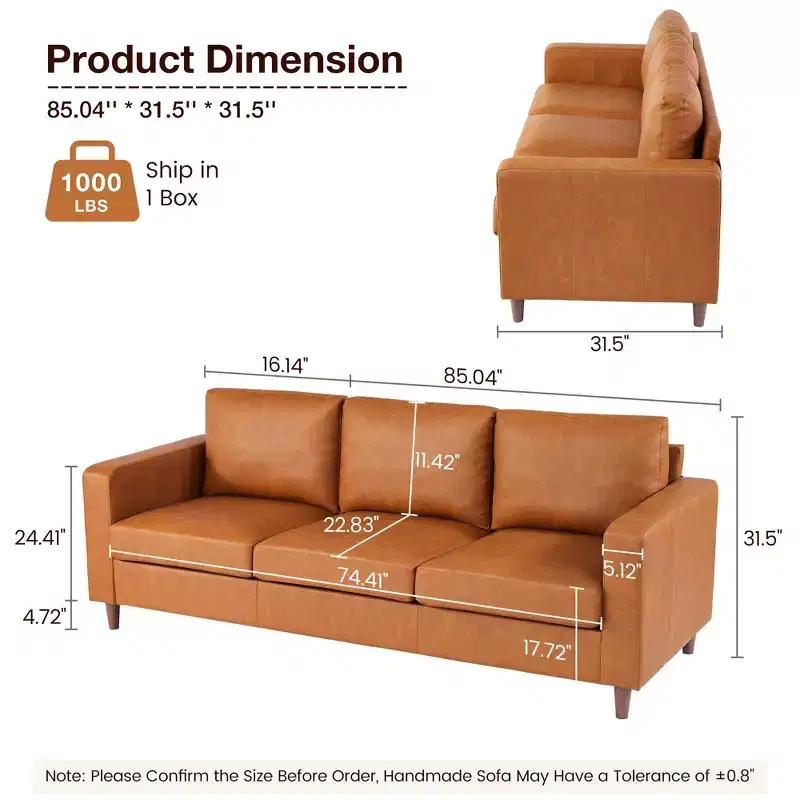 85 Sofa Couch, Mid Century Modern Sofas, 3-Seater Faux Leather Deep Seat Small Sofa, with Comfy Cushions, for Living Room, Bedroom, Office