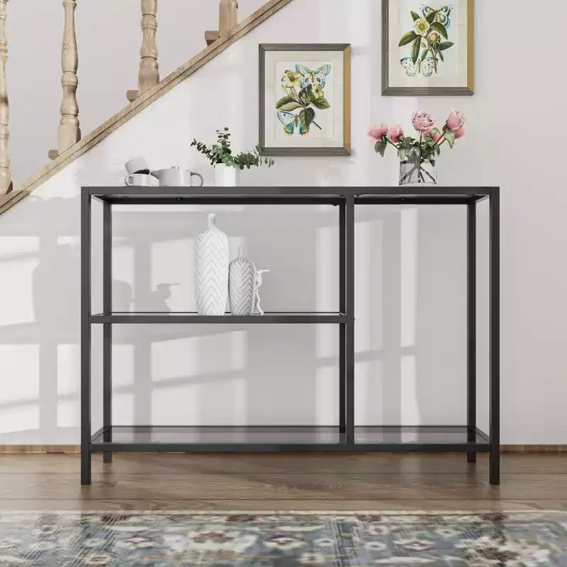Modern Metal Narrow Console Table with Storage, Iron Frame, Tempered Glass Top