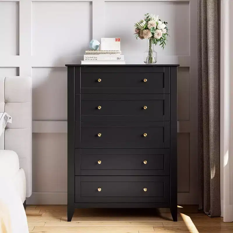 5-Drawer Tall Dresser, Modern Wooden Storage Cabinet with Deep Drawers & Metal Knobs, Ideal for Bedroom, Entryway, or Hallway