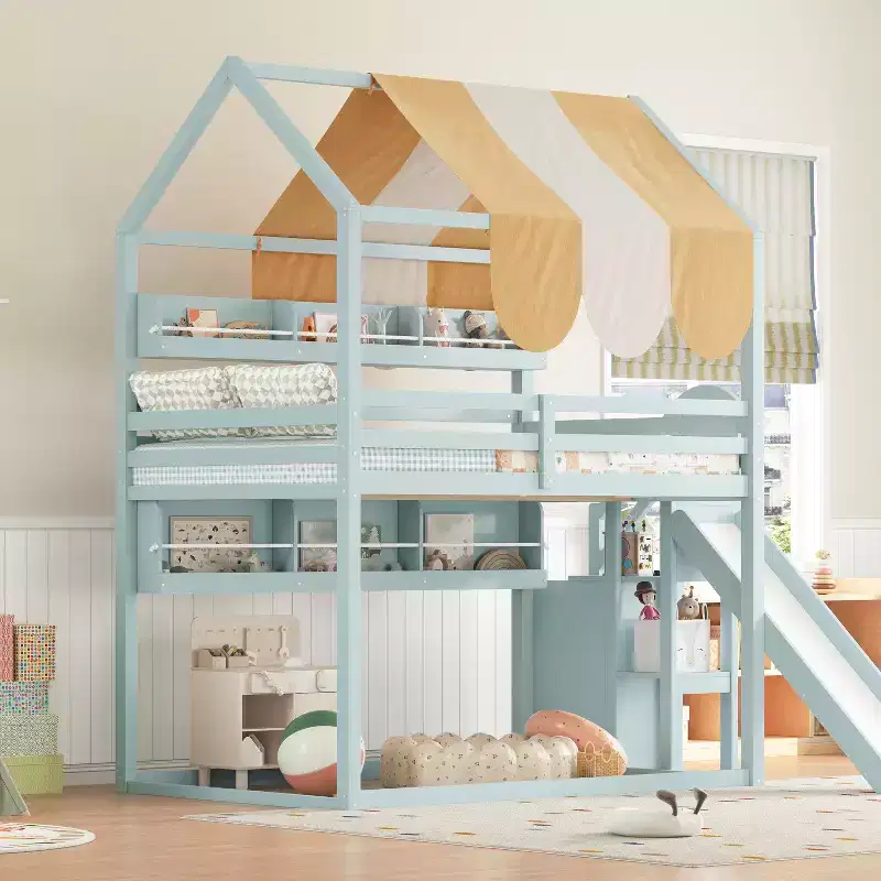 Full Size House Bed with Canopy and Slide for Kids, Wood Loft Bed with Built-in Bookshelves and Storage Staircase