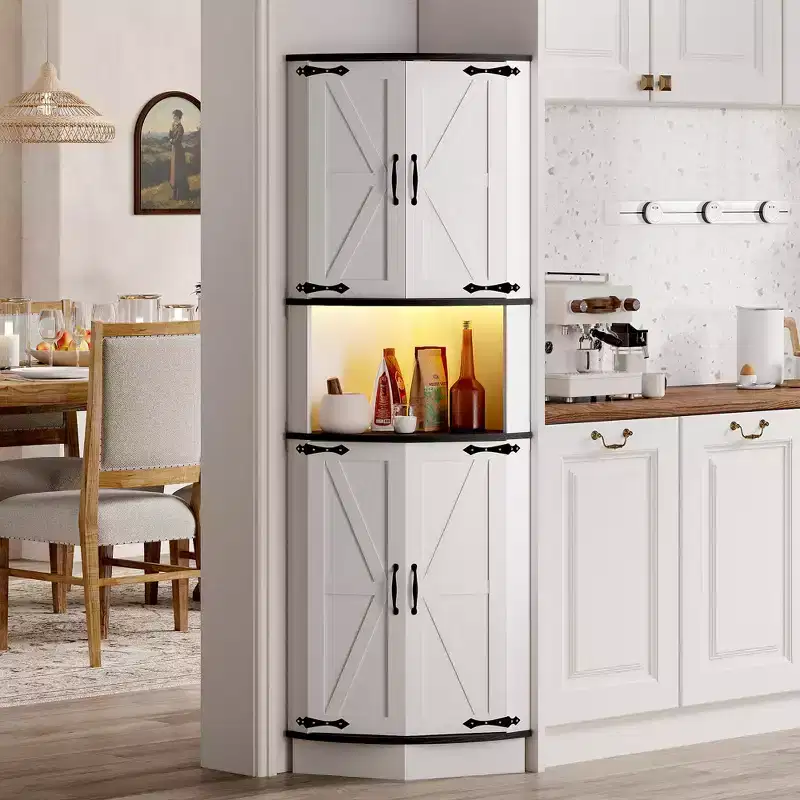 65 Farmhouse Corner Cabinet with LED Light, Freestanding Display Storage Cabinet with Barn Door, 5 Tier Shelves and USB Ports & Outlets