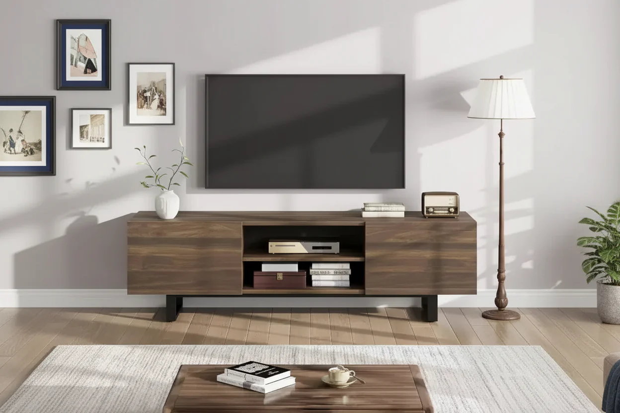TV Stand for 75 Inch, Industrial Entertainment Center with 2 Drawers & Metal Support Leg, Wooden Media TV Console Table for Living Room, Bedroom