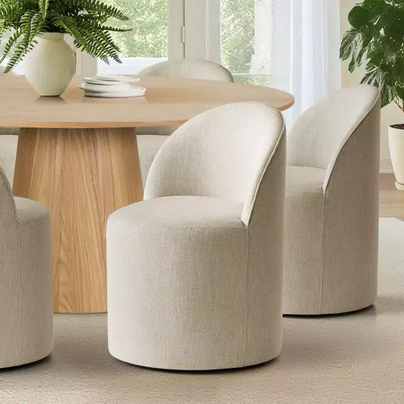 Round Dining Table Set For 6, Upholstered Barrel Dining Chairs With Castors, Linen Blend Fabric, Curved Back Support - Panipeachy