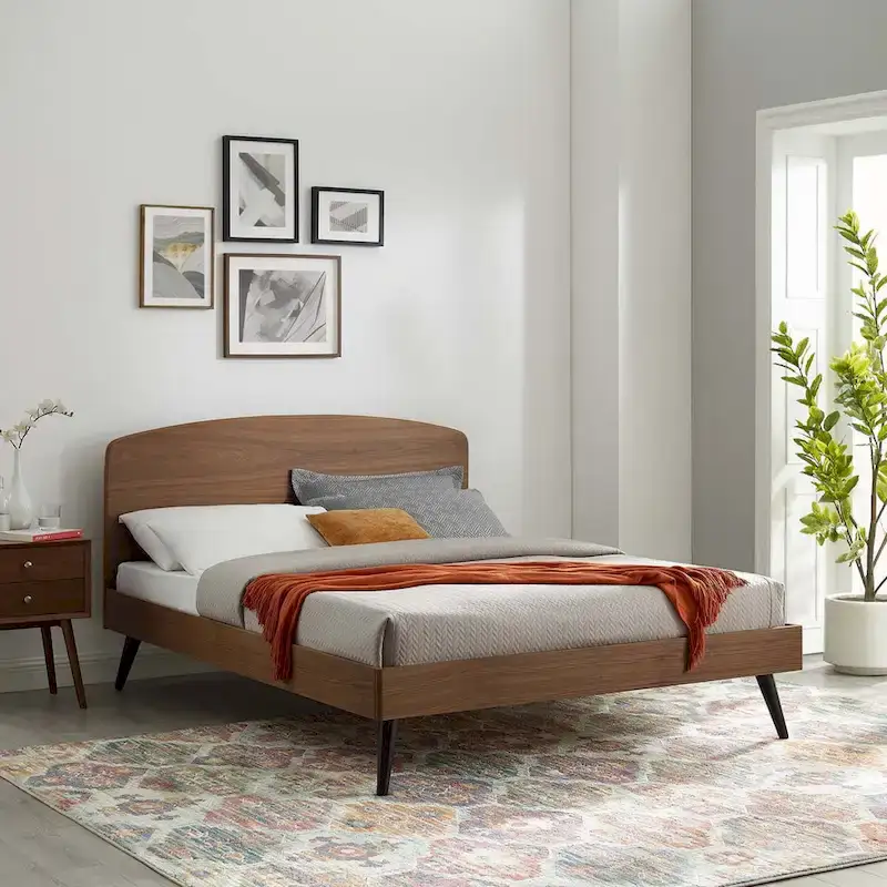 King Wood Platform Bed with Arched Headboard – Walnut, Rubberwood & MDF, Mid-Century Style, Single