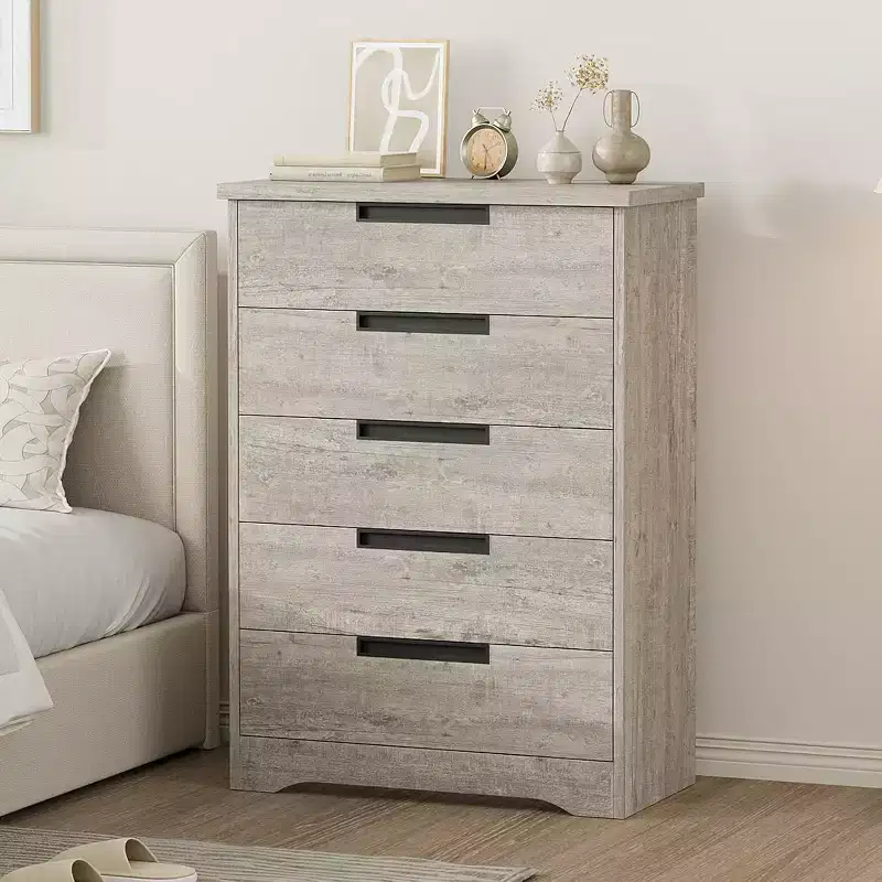 Modern 5-Drawer Dresser in Gray - Recessed Handles, Spacious Storage for Bedroom Nursery Entryway
