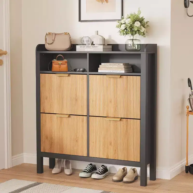 Shoe Storage Cabinet with 4 Flip Drawers,Fluted Narrow Shoe Storage Cabinet Organizer, Freestanding Hidden Slim Shoe Storage for Entryway Hallway