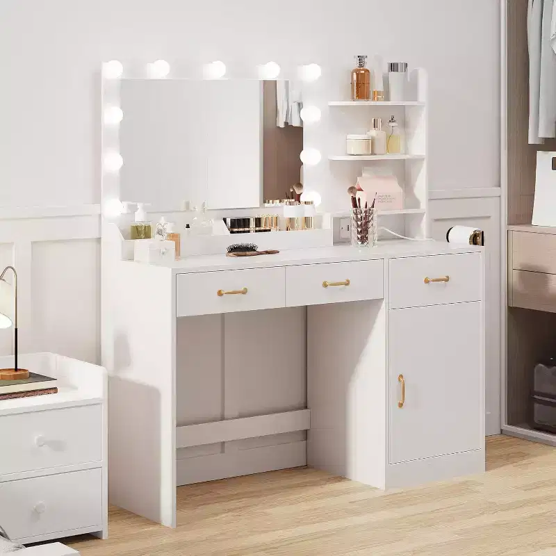 Vanity Desk with Mirror, LED Lights and Power Outlet Makeup Table with 3 Drawers and Storage Shelves Dressing Table, White.