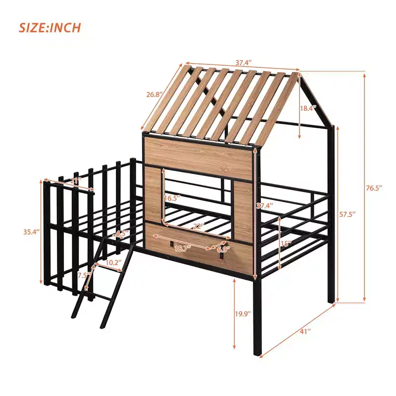Metal House Loft Bed for Kids, Twin Size Loft Bed Frame with Roof & Window