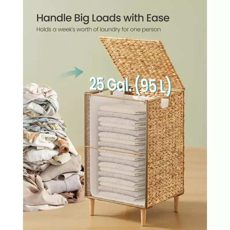 25-Gallon Handwoven Laundry Hamper with Lid and Washable Liner, Natural Water Hyacinth Basket with Wooden Feet, Steel Frame