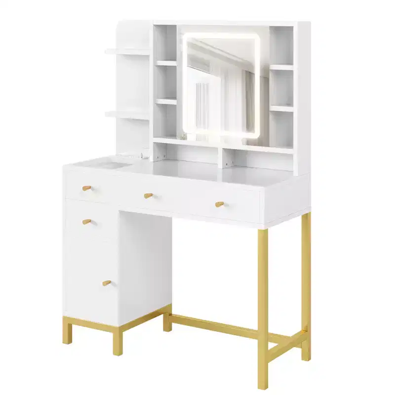 Vanity Desk with Lights, Makeup Vanity Desk, 3 Color Lighting Modes, Vanity Table with Drawers and Cabinets, Dressing Table with Power Outlet