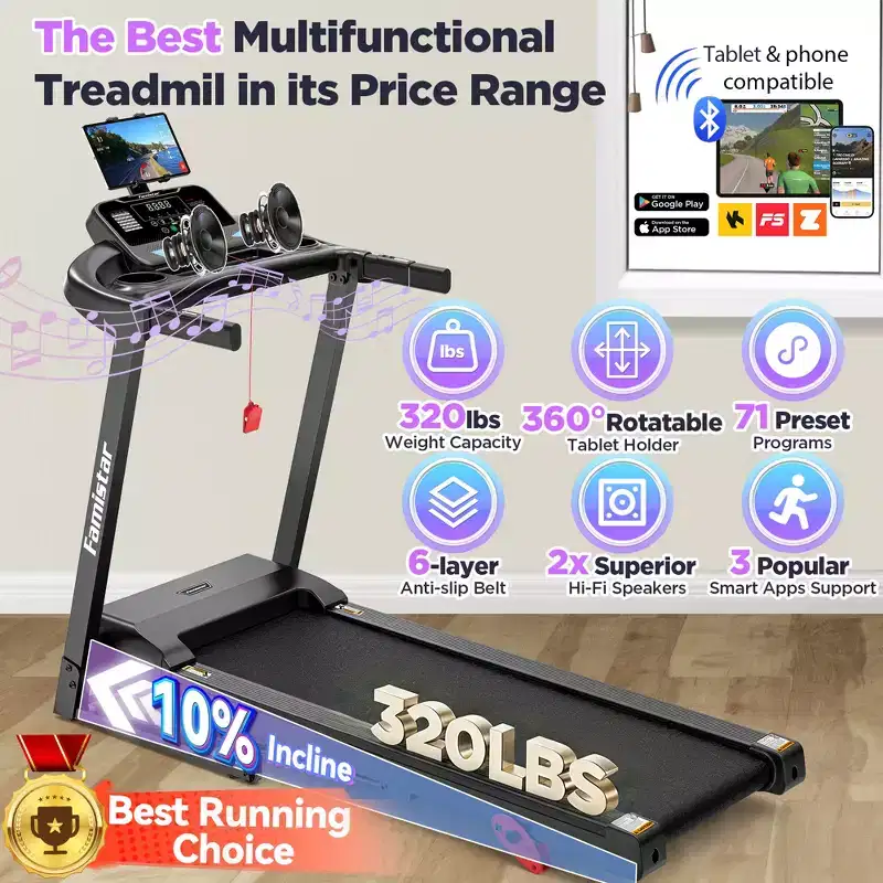 Treadmill for Home,Portable Folding Exercise Treadmill w/ Adjustable Incline,APP Control,64 Programs, 300 lb Capacity, 7.5MPH,Running Walking Jogging