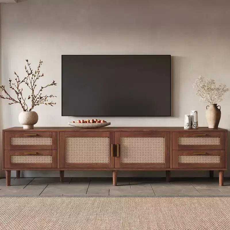 78 TV Stand for TVs up to 85, Media Console Cabinet with 4 Drawers & Rattan Doors, Modern Entertainment Center, Walnut - ModernLuxe