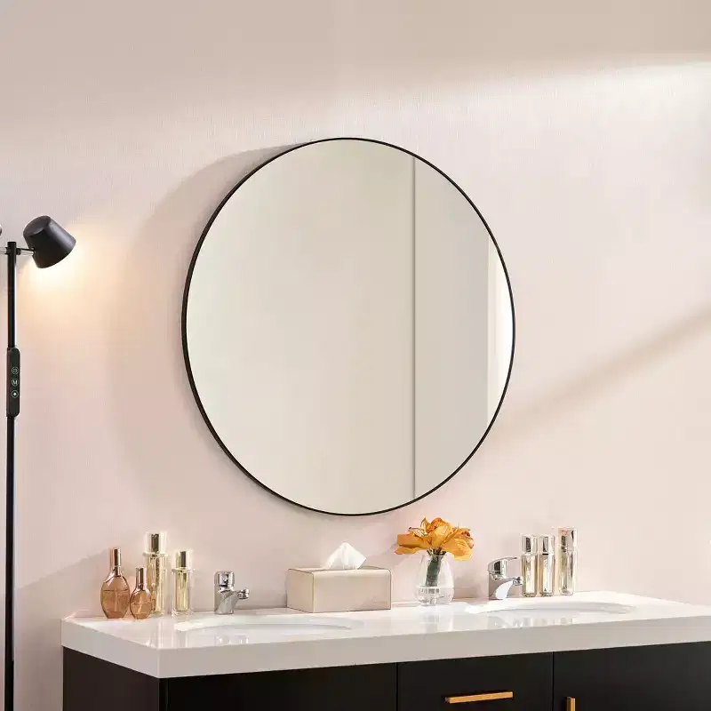 36IN Modern Round Mirror with Narrow Aluminum Frame, Wall Mount Bathroom Mirror, Vanity Mirror for Bathroom, Living Room, Black