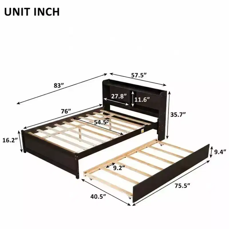 VECELO Twin Platform Bed with Trundle & Storage Headboard, Wood Slat Support Bed Frame for Small Spaces