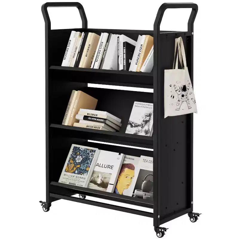 Book Cart, V-Shaped Metal Rolling Cart With 4 Lockable Wheels & Side Hooks, 3-Tier Storage Bookshelf