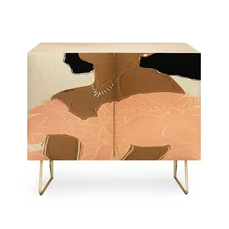 Floral Pattern Credenza, Birch Frame, 2 Doors, Adjustable Shelf