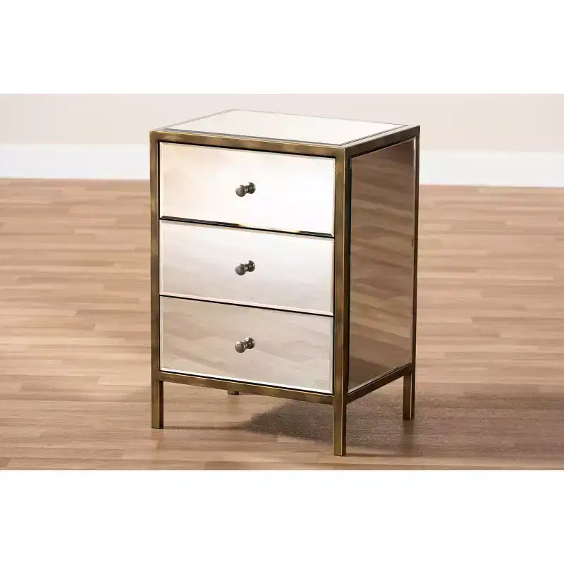 Mirrored 3-Drawer Nightstand with Antique Brass Trim