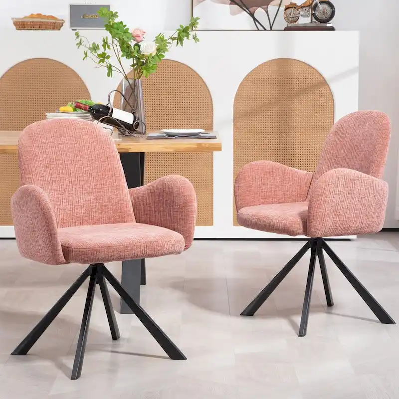 Pink Linen Fabric Swivel Dining Chair with Black Iron Legs