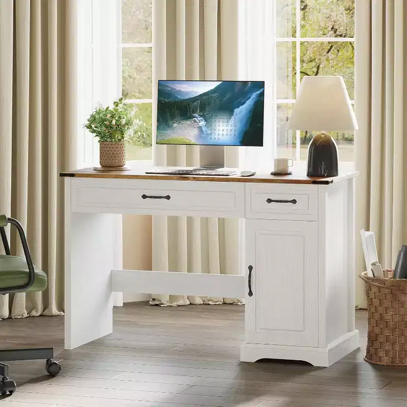 47 Executive Desk with Drawers & Storage Cabinet - Rustic Workstation for Home Office/Study/Bedroom, Antique White
