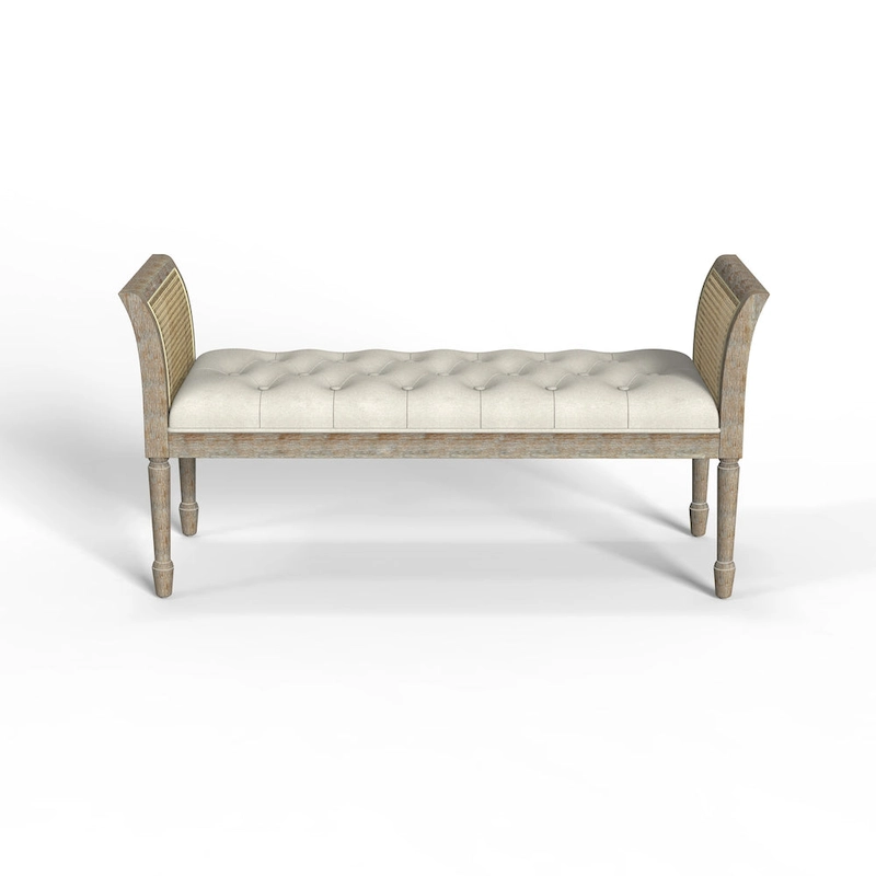 Dilwen Wooden Tufted Upholstered Bench with High Flared Rattan Arms