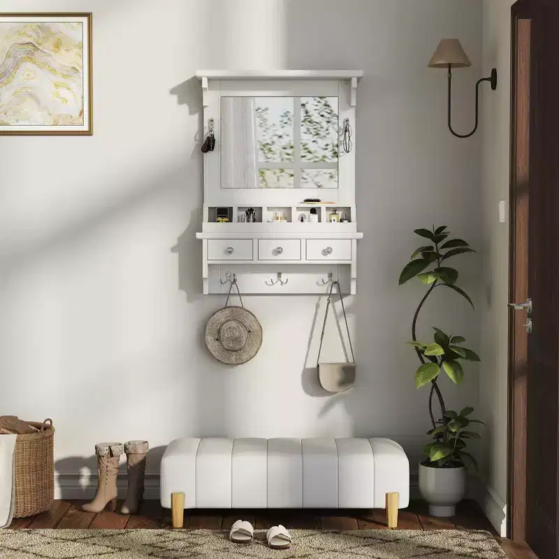 Versatile Floating Makeup Vanity with Mirror, 3 Drawers, 5 Pockets and 5 Hooks