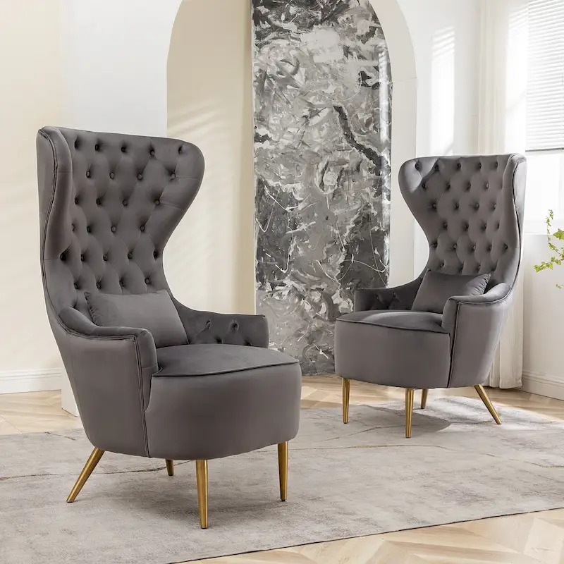 KINWELL Tufted High Wingback Accent Chairs Velvet Armchairs, Set of 2