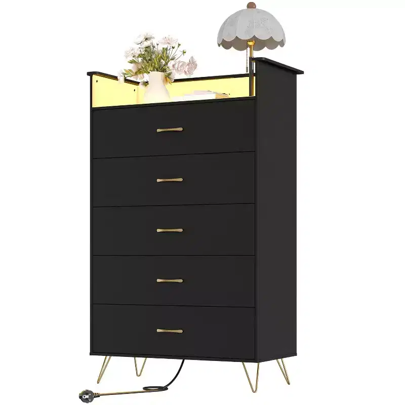 5 Drawer Dresser with Charging Station & LED Lights Tall Wooden Chest for Bedroom, Living Room, Hallway Space-Saving Narrow Storage Cabinet