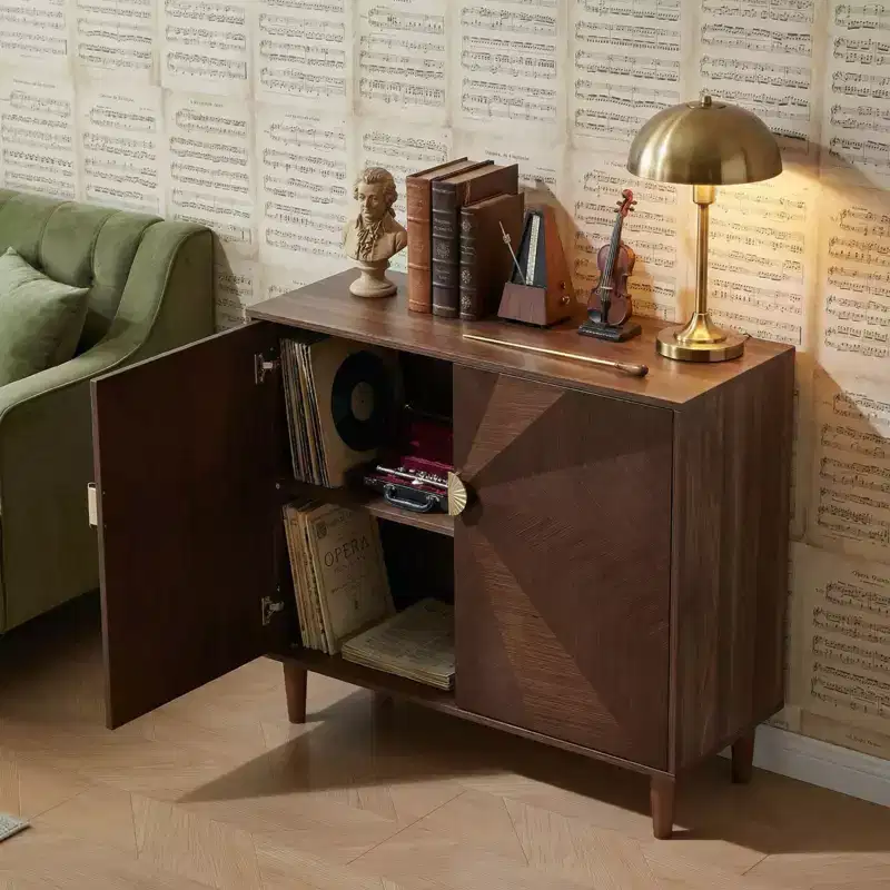 JVNOXK 39.4 Vintage Style Wooden Sideboard, Walnut Storage Cabinet with Decorative Gradient Doors, Versatile for Living Room & Dining Room