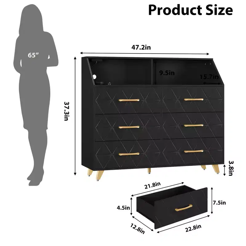 Dresser with Charging Station, LED TV Stand Dresser with 6 Drawers, Wood Modern Dressers & Chests of Drawers for Closet, Bedroom, Living Room