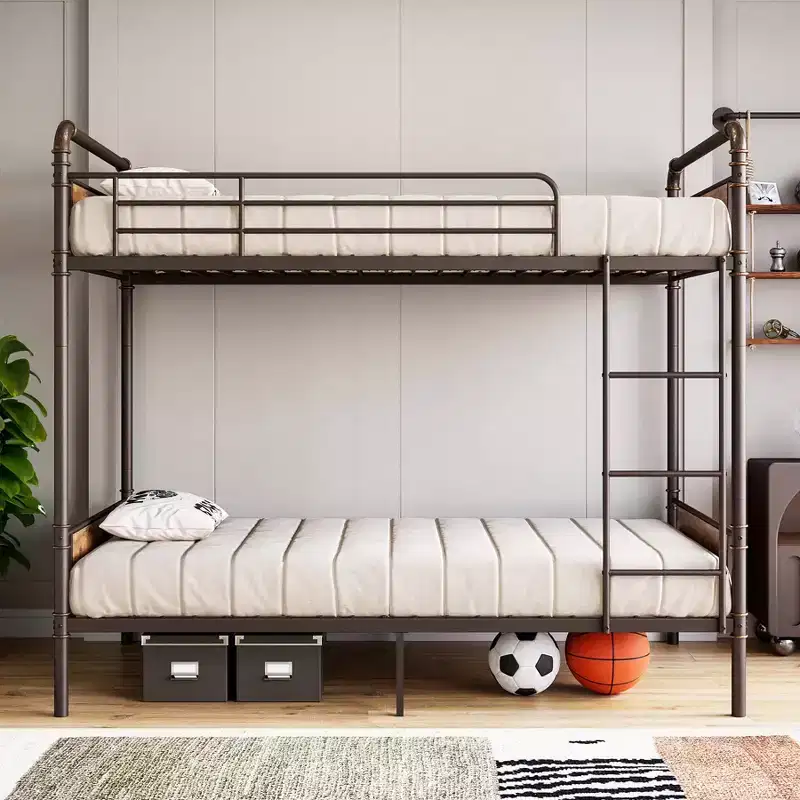 Metal Bunk Bed Twin Over Twin, Heavy Duty Twin Size Metal Bunk Bed with Guardrail & Ladders, Convertible Twin Bunk Beds, No Box Spring Needed, Brown