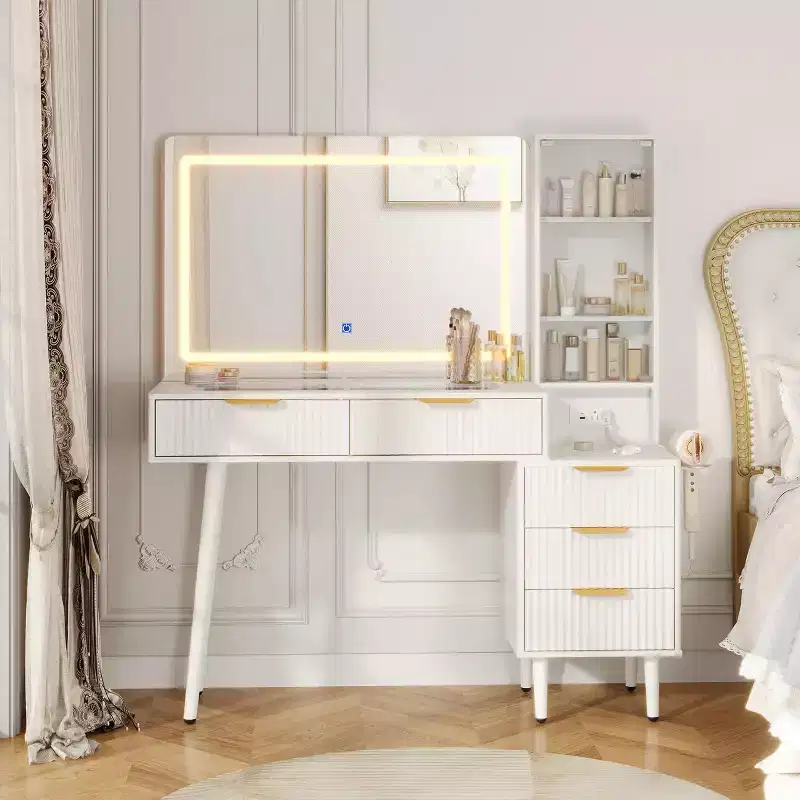 GustoWave 5 Drawers Vanity Desk, Makeup Dressing Table with Built-in USB Outlet Charging Station