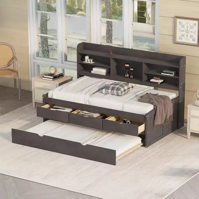 Twin/Full Size Wooden Captain Bed with Built-in Bookshelves, Three Storage Drawers and Trundle