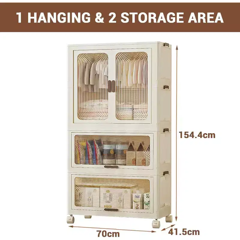 Acekool Kids Wardrobe Closet with Doors & Wheels, 3-Tier Portable Storage Cabinet with Hanging Rod, Organizer for Nursery or Bedroom
