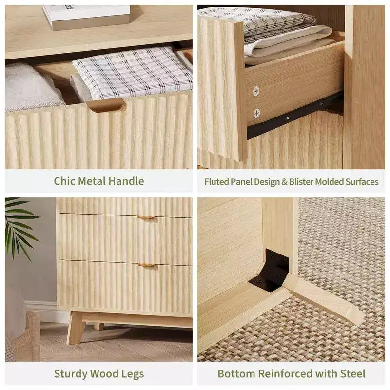 Natural Oak 4-Drawer Dresser, Fluted Panel, Mid-Century Style, 1-Person Assembly