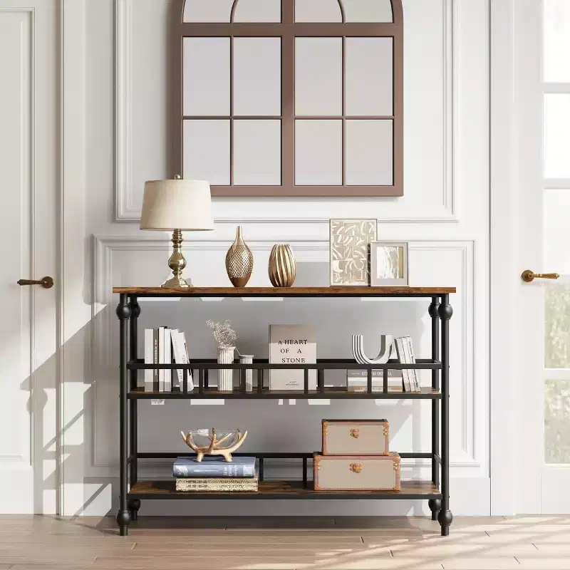 43'' Console Table with Storage, Farmhouse Rustic Skinny Entryway Table, Modern Wood Metal Hallway Sofa Table with Shelf, Narrow Couch Entry Table