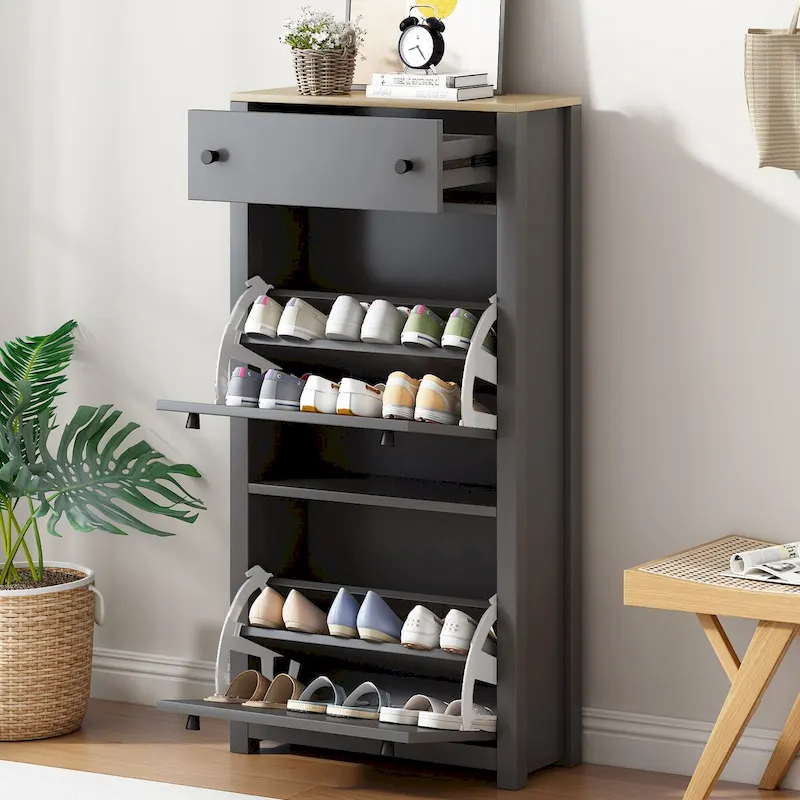 Entryway Organizer with 2 Drawers,Wood Grain Pattern Top Shoe Cabinet with Drawer, Free Standing Shoe Rack with Adjustable Panel
