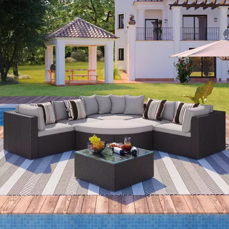 7-Piece Outdoor Patio Wicker Conversation Sofa Set With Colorful Pillows and 1 Glass Table For Garden/Deck, Brown Wicker+Gray Cushion 4W - ModernLuxe