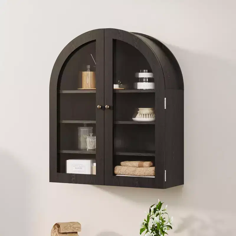 Arched Wall Cabinet with Glass Doors & Adjustable Shelves, Wall Mounted Storage Cabinet for Bathroom Kitchen Laundry Room