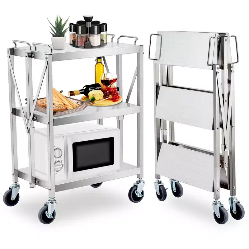 3-Tier Foldable Stainless Steel Utility Cart with Wheels