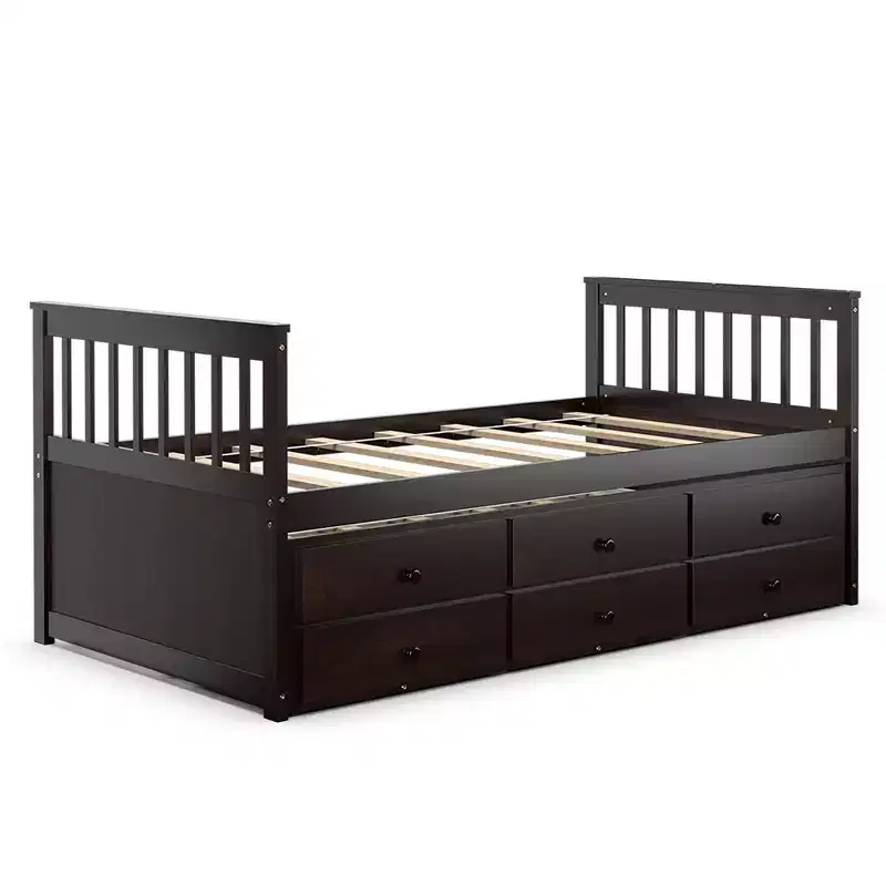 Twin Captain's Bed Bunk Bed Alternative w/ Trundle & Drawers for Kids WalnutEspressoWhite