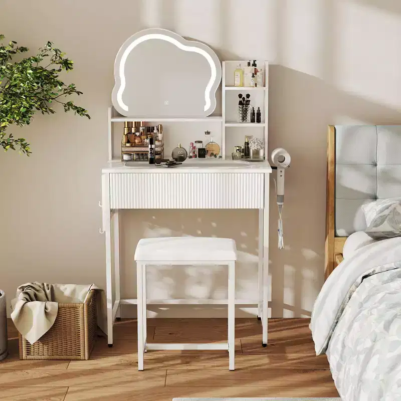 Vanity Desk Set With Led Lighted Mirror & Power Outlet, Makeup Table