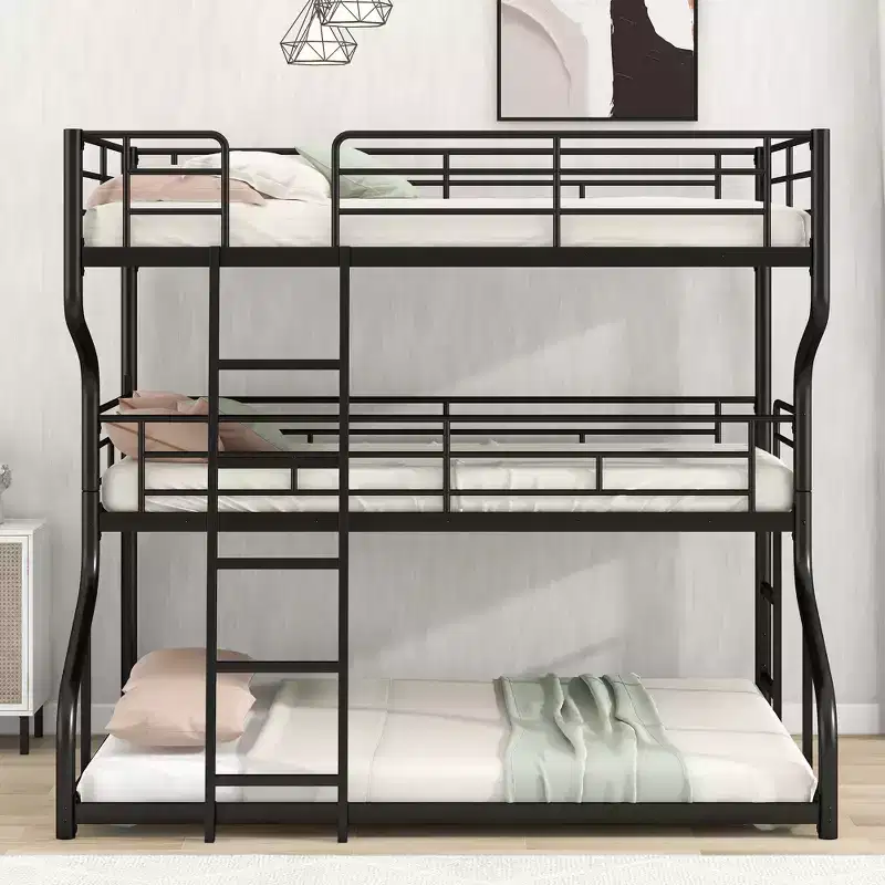 Whisen Metal Full XL over Twin XL over Queen Size Triple Bunk Bed with Long and Short Ladder
