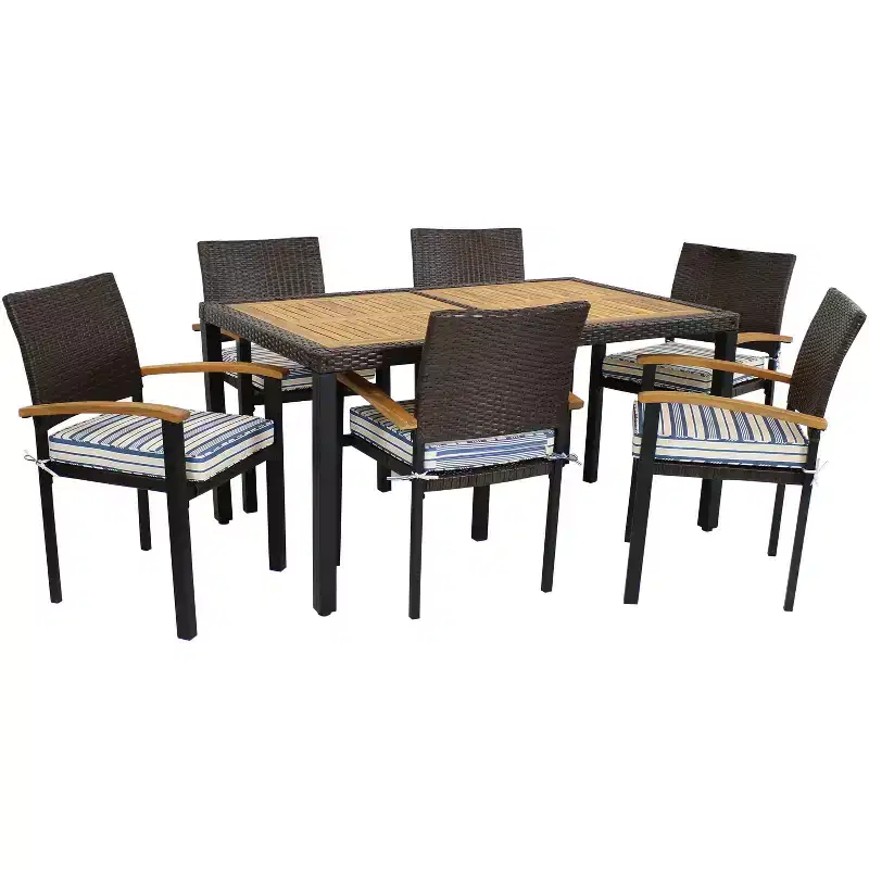 Sunnydaze Outdoor Rattan and Acacia Wood Carlow Patio Dining Set with Table, Chairs, and Seat Cushions - 7pc