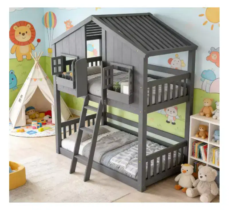 Twin over Twin House Bunk Bed for Kids with Roof, Safety Guardrails & Ladder