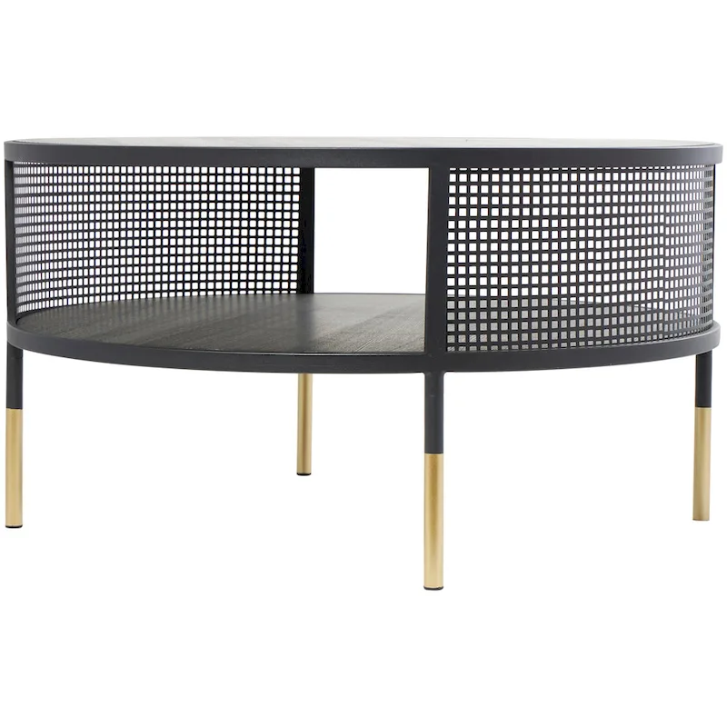 Metal Geometric Open Grid Frame 1-Shelf Accent Table or Coffee Table with Gold Legs, Black