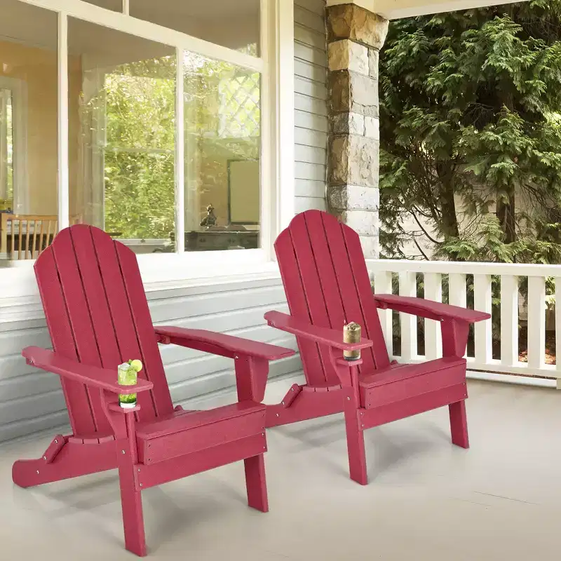 Costway Folding Patio Adirondack Chair Weather Resistant Cup Holder Yard Red