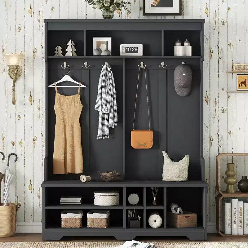 Modern Hall Tree with 6 Metal Hooks and Ample Storage, Coat Rack with Shoe Cubbies and Bench, Coat Tree for Living Room, Entryway, Black