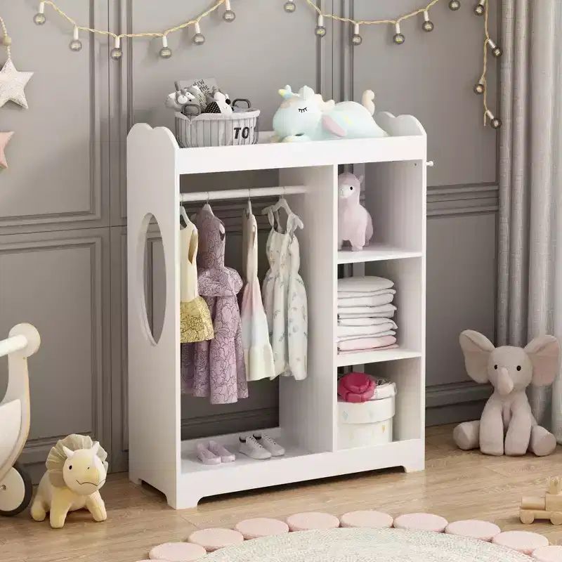 Kids Dress Up Storage Rack with Mirror, Wooden Costume Organizer with Hanging Rod, Hooks & Shelves, White