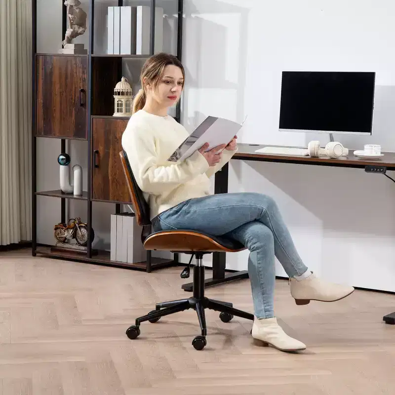 Home Office Chair No Arms with Wheels, PU Leather Desk Chair with Adjustable Height, 360 Swivel for Reading